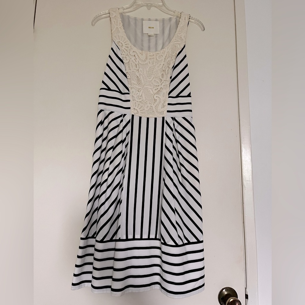 Navy Blue Striped Dress with Lace Detail